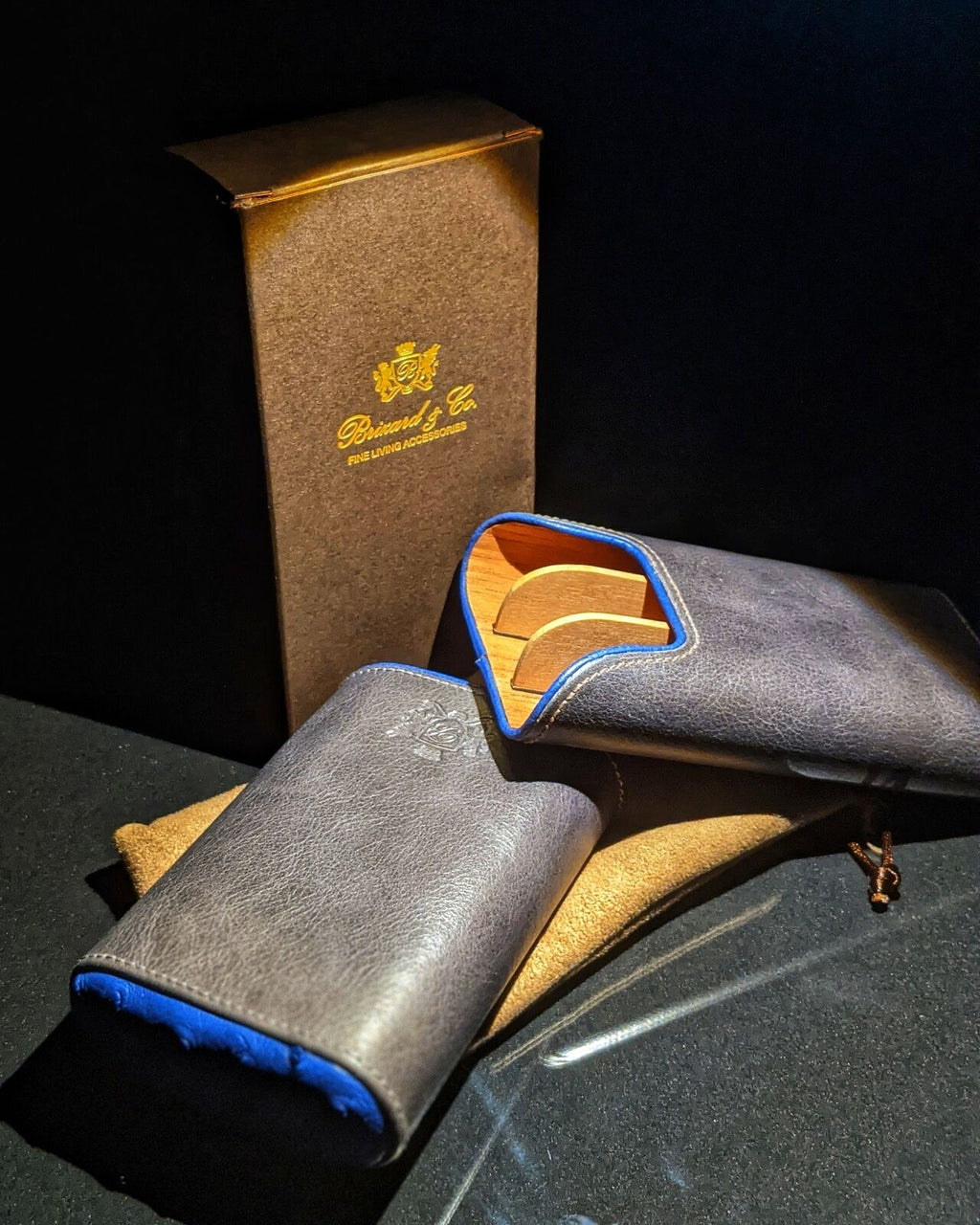 Brizard and Co Blue Ostrich and Grey Leather  Case, Cutter and Lighter Combo