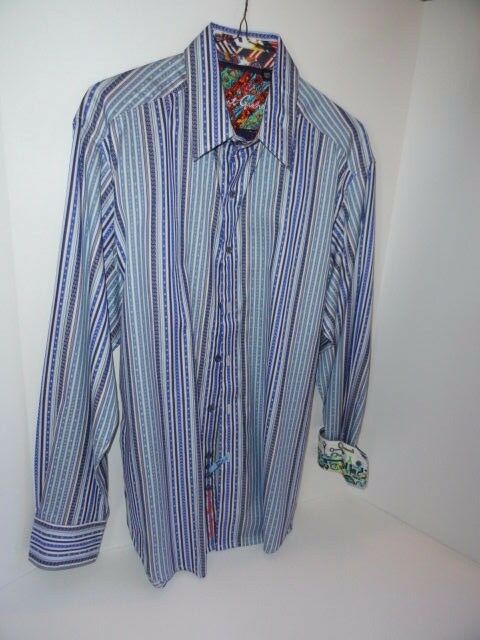 Robert Graham Blue White Ornate Chain Stripe Shirt — Medium