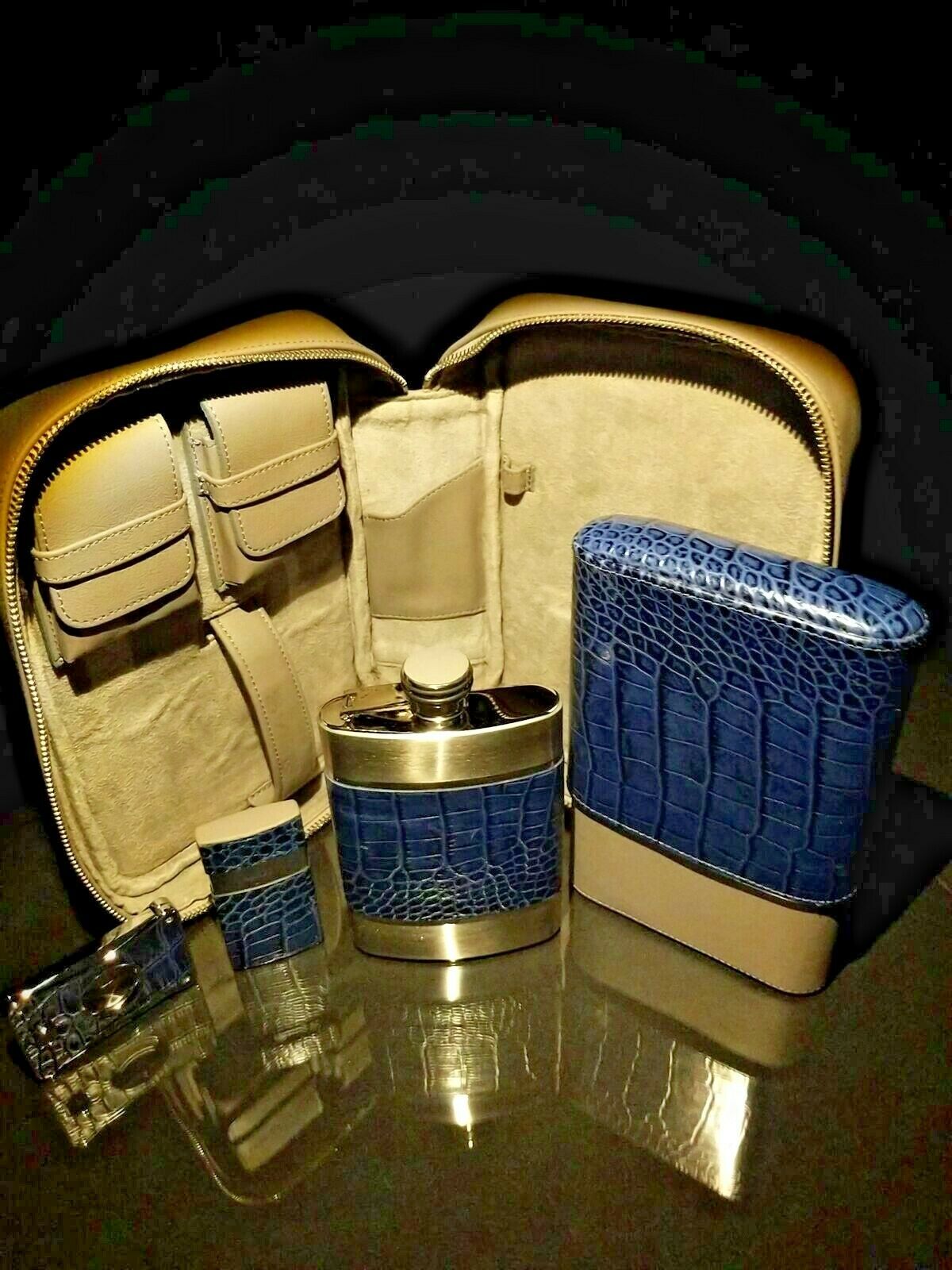 Brizard and Co Indigo and grey Traveldor with flask , cutter and lighter