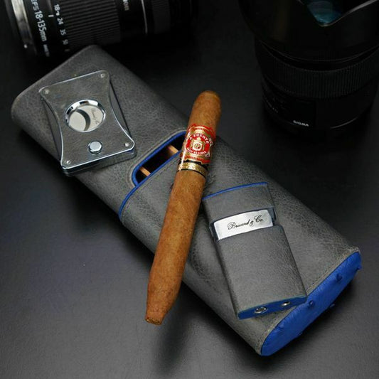 Brizard  "Show Band" Case,Cutter and Lighter Combo - Blue Ostrich & Gray Leather