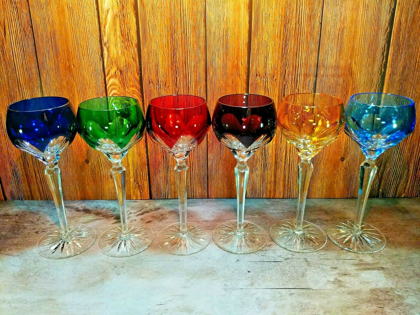 Faberge Colored Crystal Lausanne Hock Glasses. 8 1/2" H x 3 1/4" W