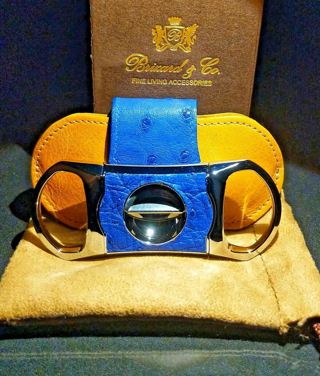 Brizard and Co Blue Ostrich & Camel Color Leather  Case, Cutter & Lighter Combo