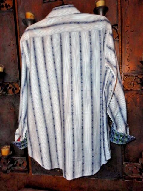 Robert Graham White Blue Embroidered Dot Stripe Shirt — Medium