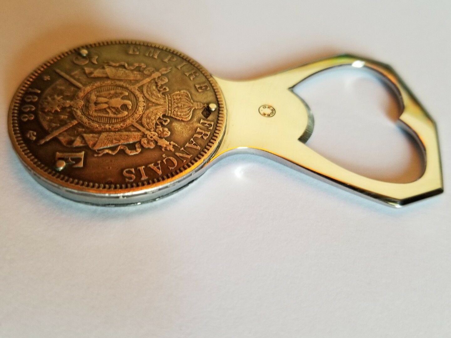 VINTAGE ELOI PERNET FRANCE 5 FRANCS 1868 NAPOLÉON III SILVER COIN BOTTLE OPENER