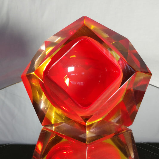 Sommerso Murano | Flavio Poli Yellow & Red Faceted Glass Ashtray | Italy 1950s