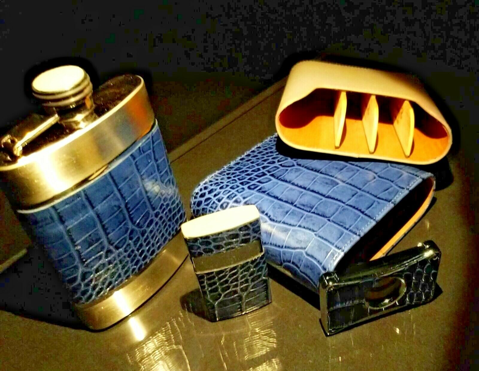 Brizard and Co Indigo and grey Traveldor with flask , cutter and lighter