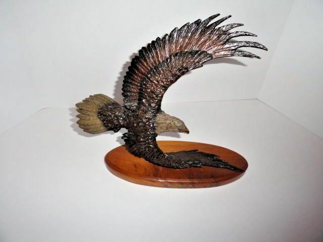 American Eagle Bronze Sculpture  Wooden Base