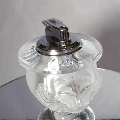 Lalique Crystal Tete De Lion Cigarette Lighter and Match Holder Set