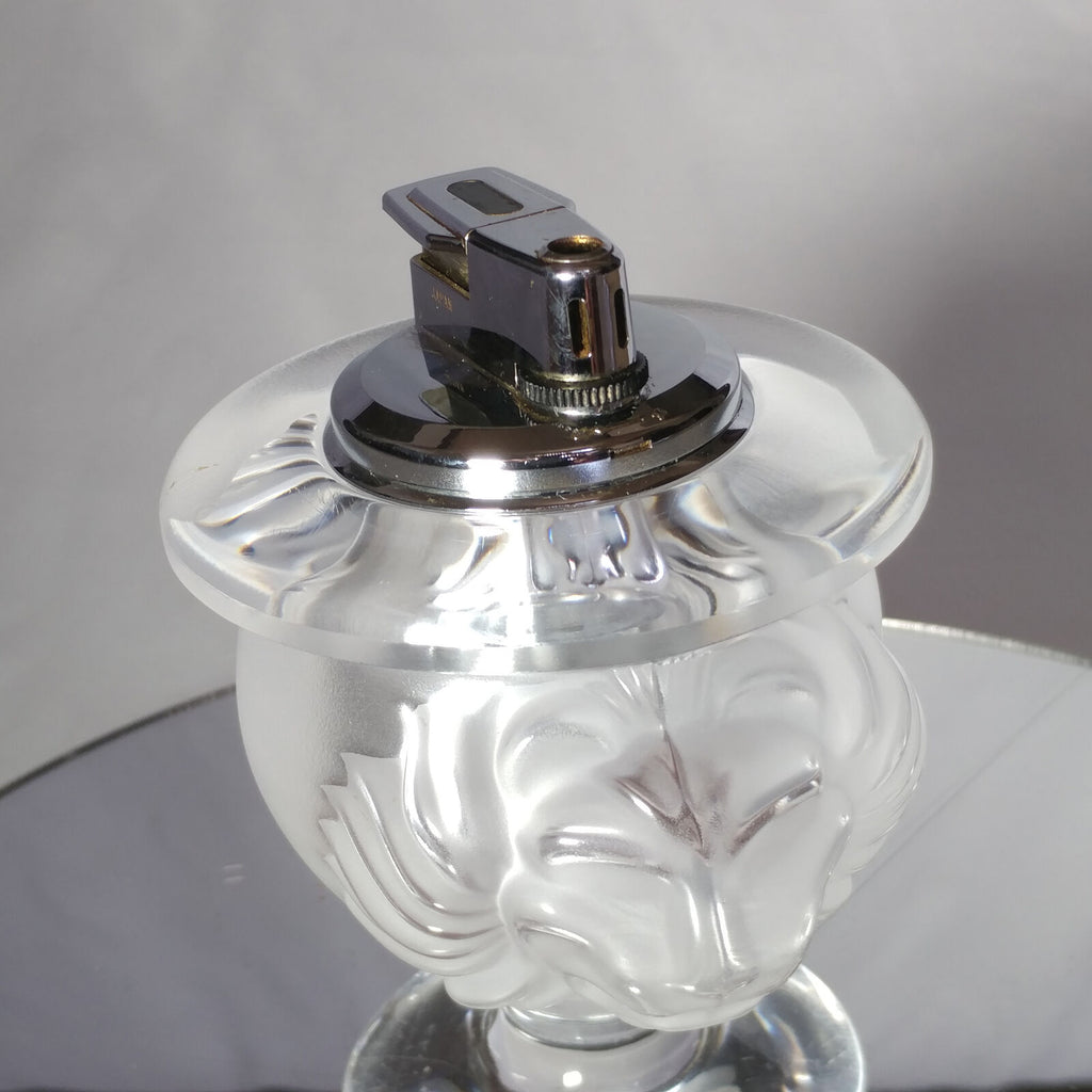 Lalique Crystal Tete De Lion Cigarette Lighter and Match Holder Set