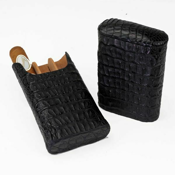Brizard & Co. | The "Show Band" 3 Cigar Case - Black Caiman Crocodile