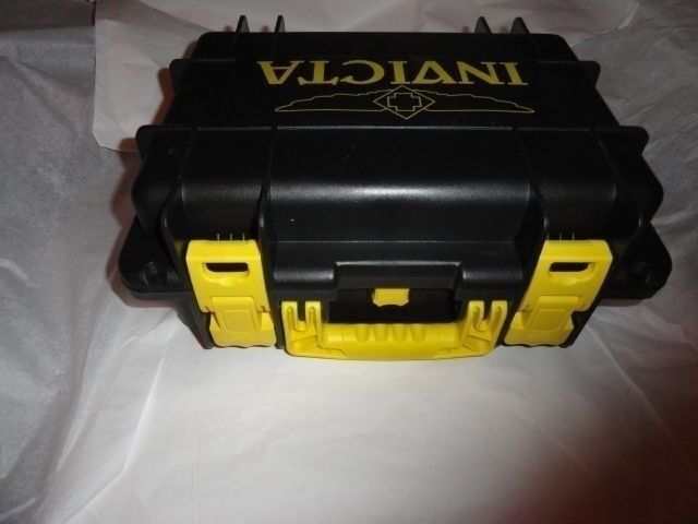 Invicta watch carrying case in grey with yellow handles holds 8 watches