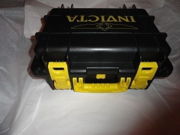 Invicta watch carrying case in grey with yellow handles holds 8 watches