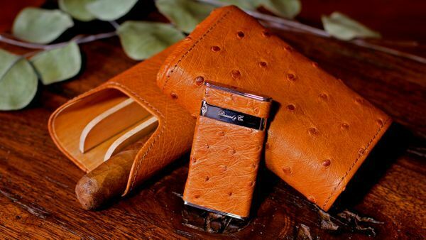 Brizard and Co. - The "Show Band" 3 Cigar Case  & Pocket Lighter - Ostrich Tan