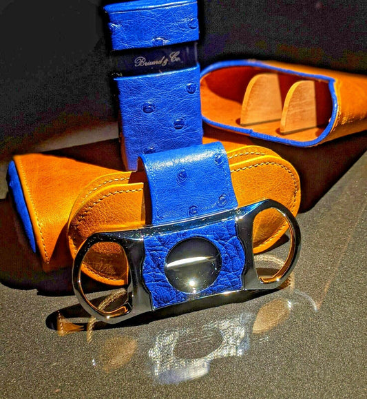 Brizard and Co Blue Ostrich & Camel Color Leather  Case, Cutter & Lighter Combo
