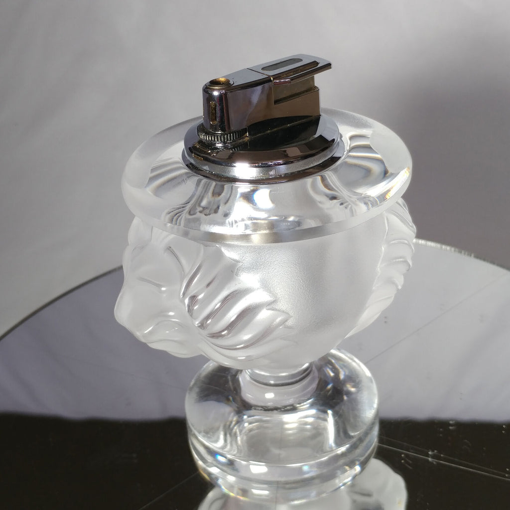 Lalique Crystal Tete De Lion Cigarette Lighter and Match Holder Set