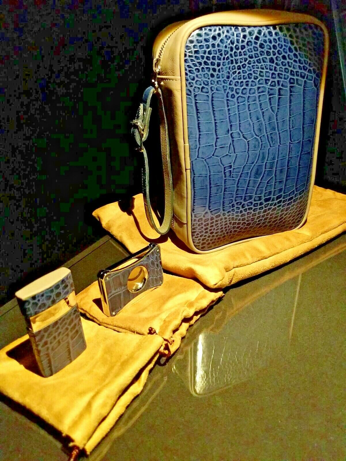 Brizard and Co Indigo and grey Traveldor with flask , cutter and lighter