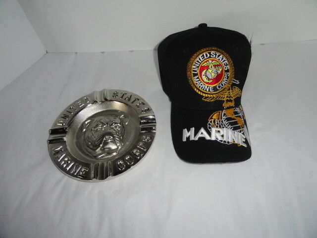 USMC Bulldog Ashtray & Marine Black Embroidered Baseball Cap Combo
