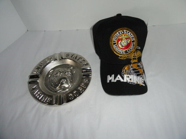 USMC Bulldog Ashtray & Marine Black Embroidered Baseball Cap Combo