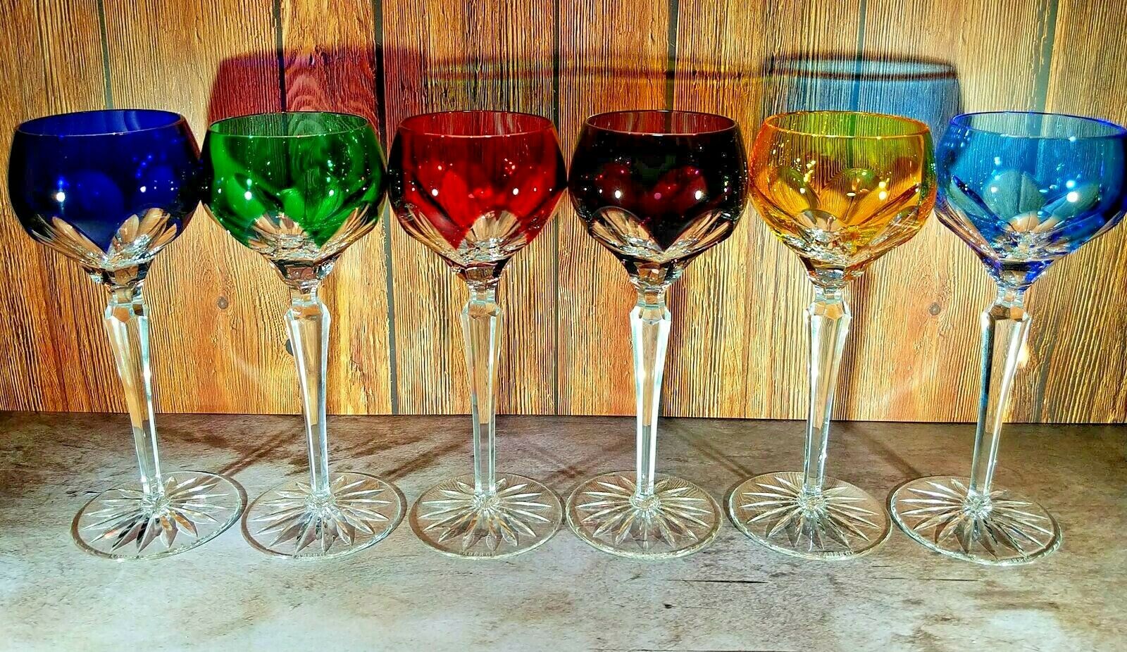 Faberge Colored Crystal Lausanne Hock Glasses. 8 1/2" H x 3 1/4" W
