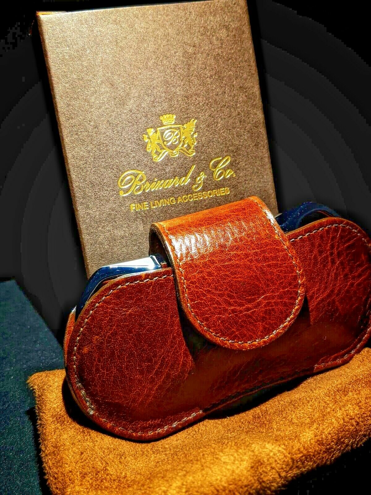 Brizard and Co Brown Antique Saddle Leather Valet Tray , cigar case and cutter