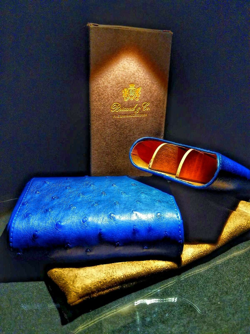 Brizard and Co Blue Ostrich and Grey Leather  Case, Cutter and Lighter Combo