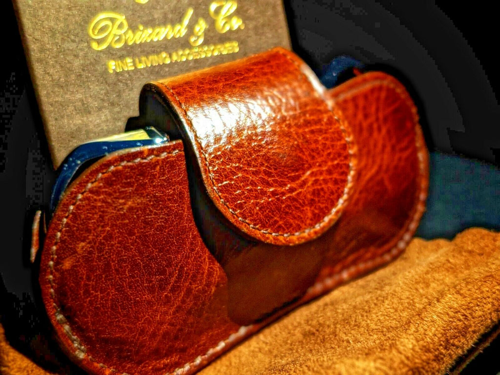 Brizard and Co Brown Antique Saddle Leather Valet Tray , cigar case and cutter