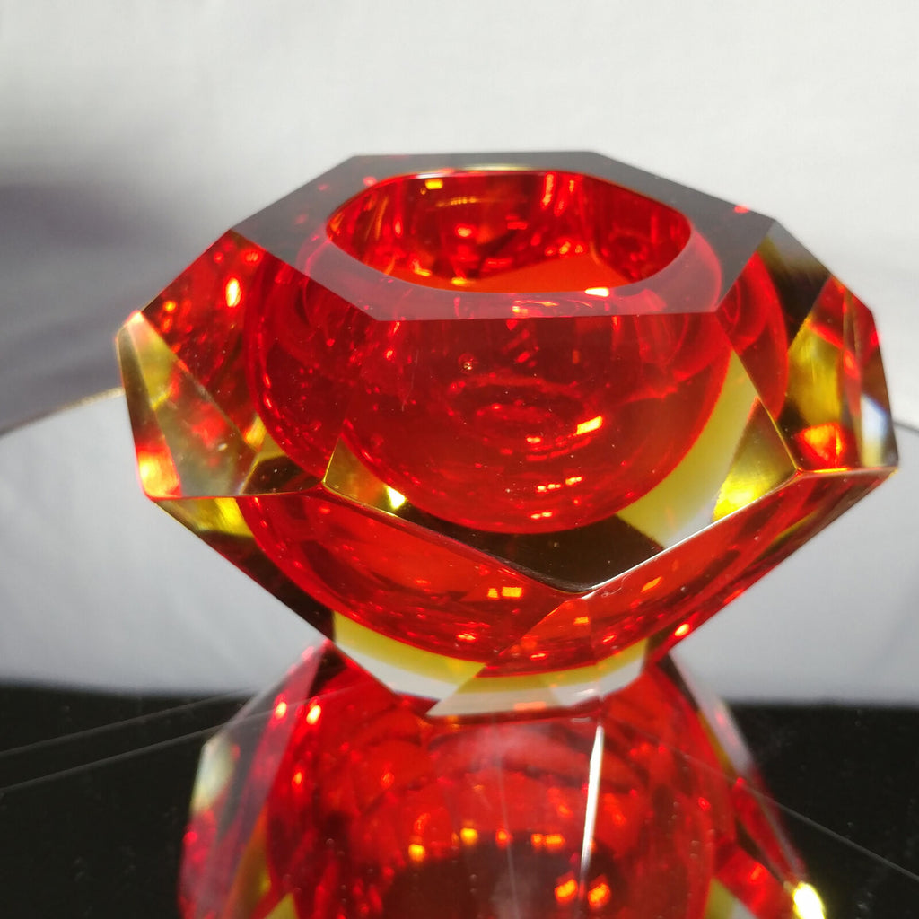 Sommerso Murano | Flavio Poli Yellow & Red Faceted Glass Ashtray | Italy 1950s