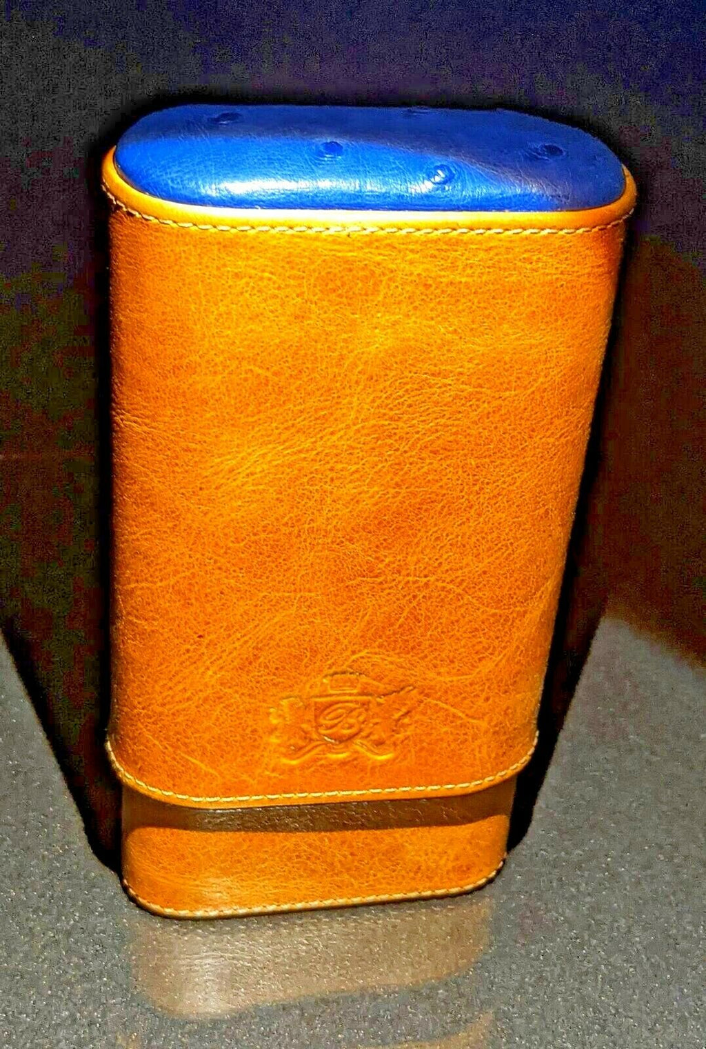 Brizard and Co Blue Ostrich & Camel Color Leather  Case, Cutter & Lighter Combo