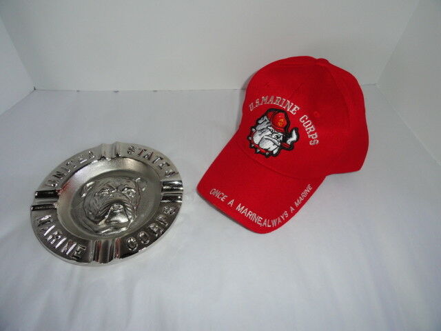 USMC Bulldog Embroidered Baseball Cap & USMC Bulldog Ashtray