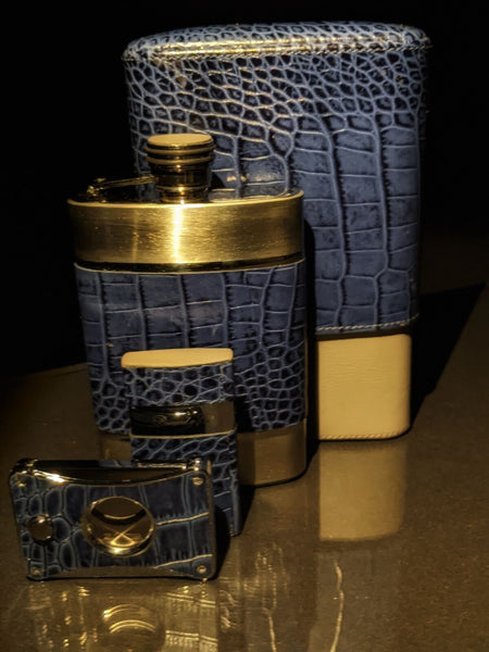 Brizard and Co Indigo and grey Traveldor with flask , cutter and lighter