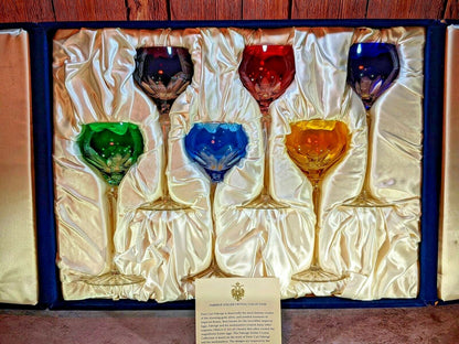 Faberge Colored Crystal Lausanne Hock Glasses. 8 1/2" H x 3 1/4" W