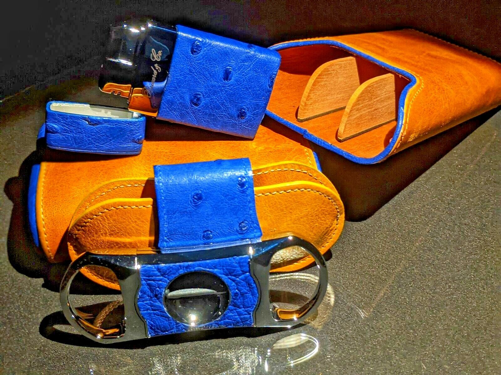 Brizard and Co Blue Ostrich & Camel Color Leather  Case, Cutter & Lighter Combo