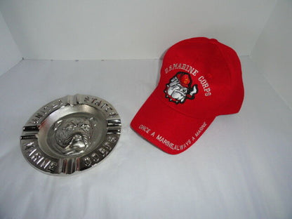 USMC Bulldog Embroidered Baseball Cap & USMC Bulldog Ashtray