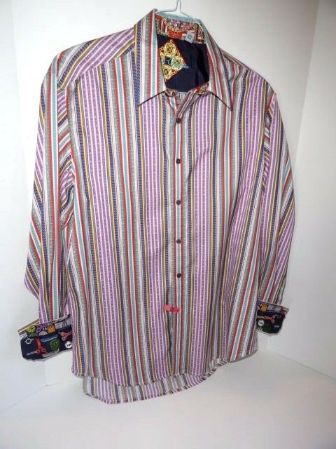 Robert Graham Lavender Multicolor Satin Stripe Shirt — Medium