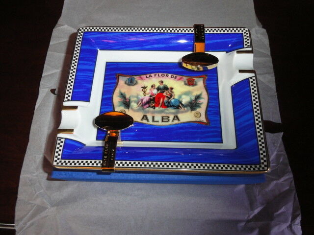 Elie Bleu Alba Porcelain Blue Ashtray with Gold Plated Rests