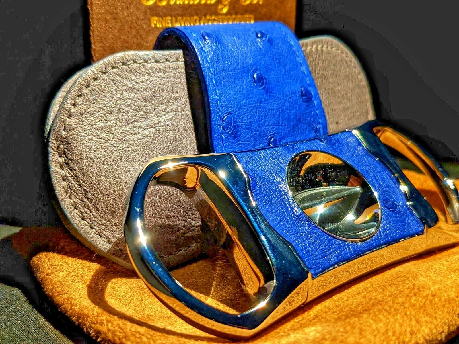 Brizard and Co Blue Ostrich and Grey Leather  Case, Cutter and Lighter Combo