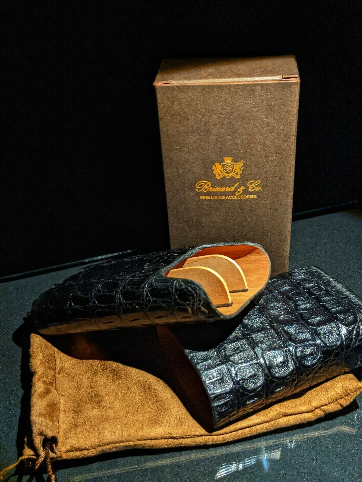 Brizard & Co. | The "Show Band" 3 Cigar Case - Black Caiman Crocodile