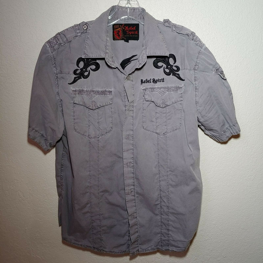 Rebel Spirit | Gray | Men's Large Button-Down short sleeve Shirt