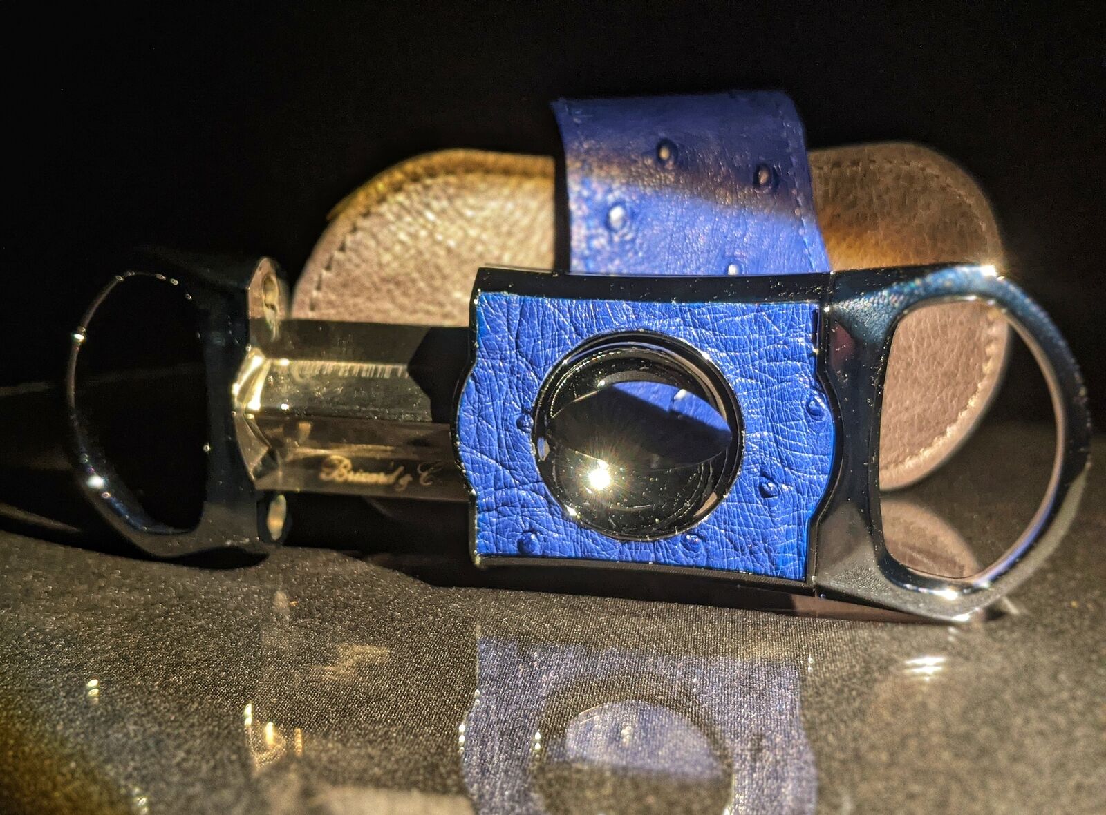 Brizard and Co Blue Ostrich and Grey Leather  Case, Cutter and Lighter Combo
