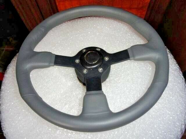 New Gussi Boat Steering Wheel Grey Urethane Black Spoke & Black Hub Adaptor