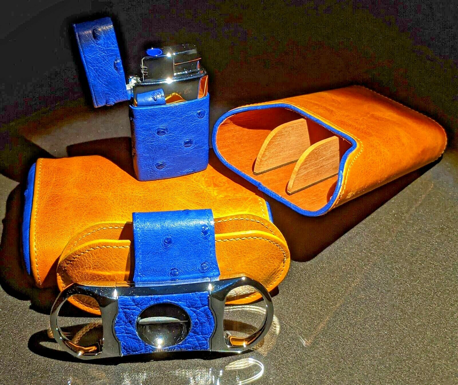 Brizard and Co Blue Ostrich & Camel Color Leather  Case, Cutter & Lighter Combo