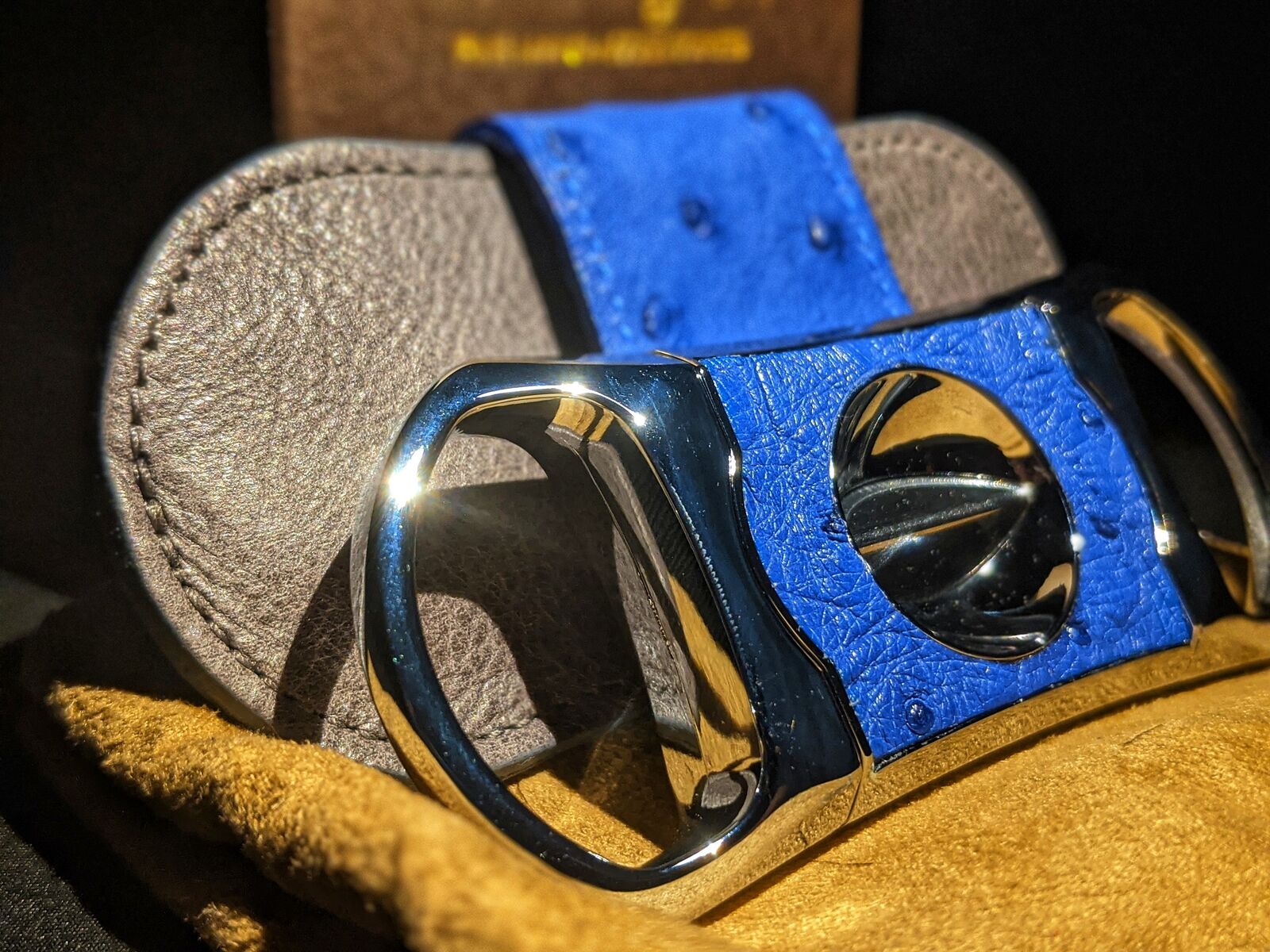 Brizard and Co Blue Ostrich and Grey Leather  Case, Cutter and Lighter Combo
