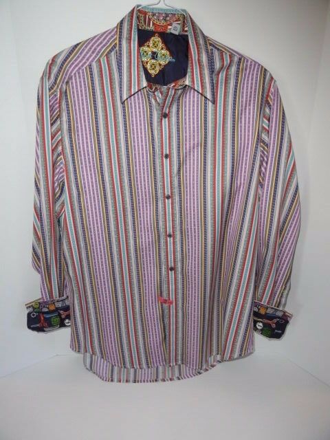 Robert Graham Lavender Multicolor Satin Stripe Shirt — Medium