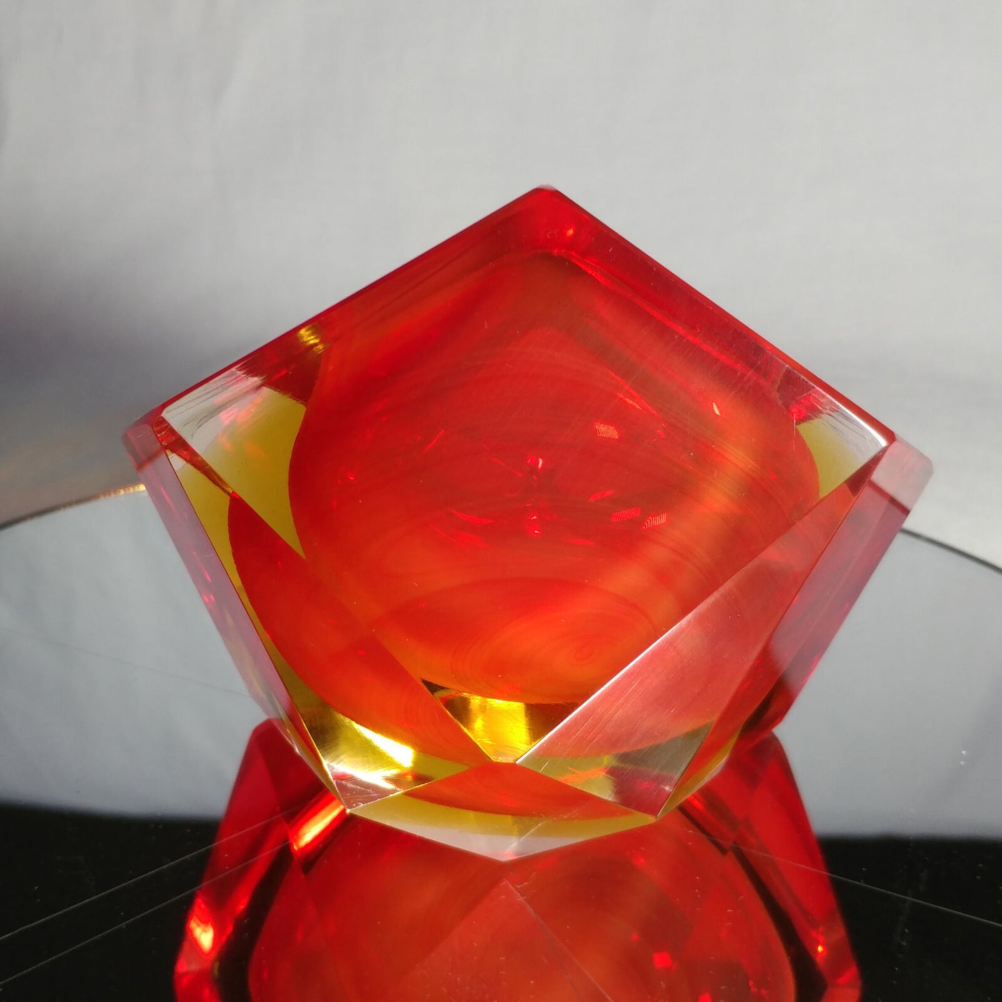 Sommerso Murano | Flavio Poli Yellow & Red Faceted Glass Ashtray | Italy 1950s