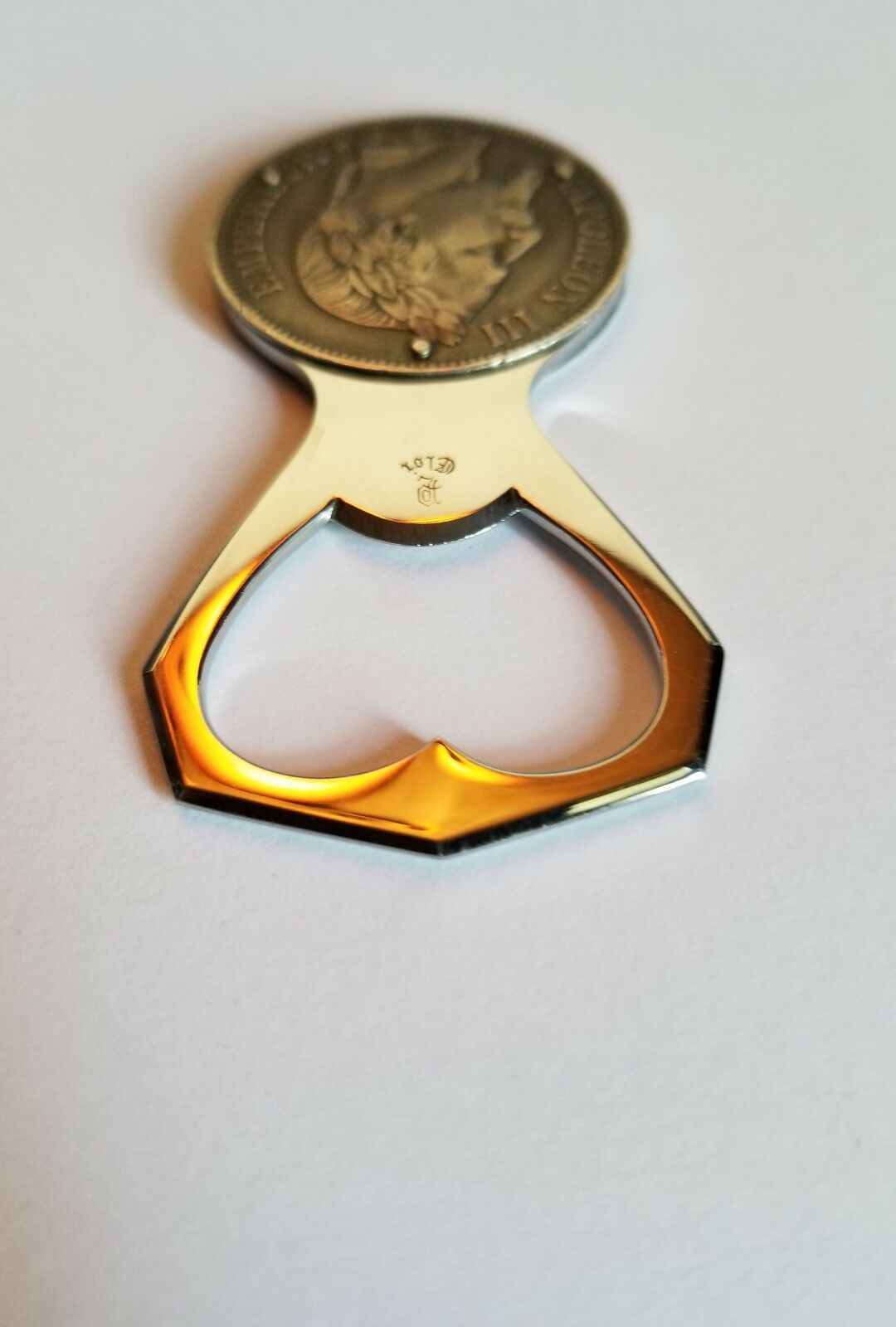 VINTAGE ELOI PERNET FRANCE 5 FRANCS 1868 NAPOLÉON III SILVER COIN BOTTLE OPENER