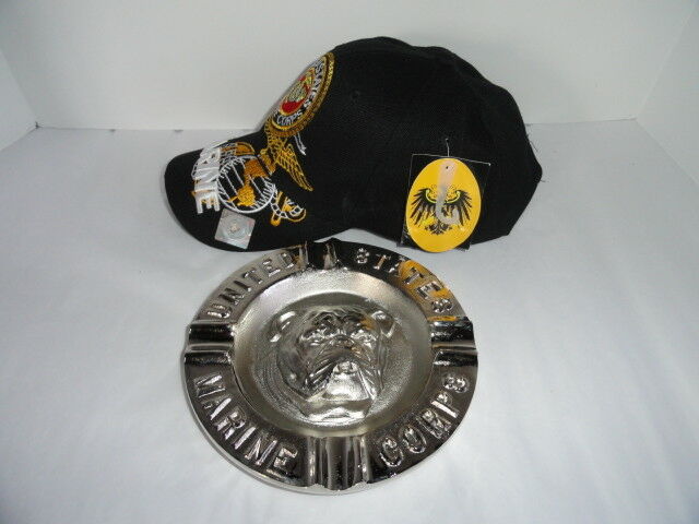 USMC Bulldog Ashtray & Marine Black Embroidered Baseball Cap Combo