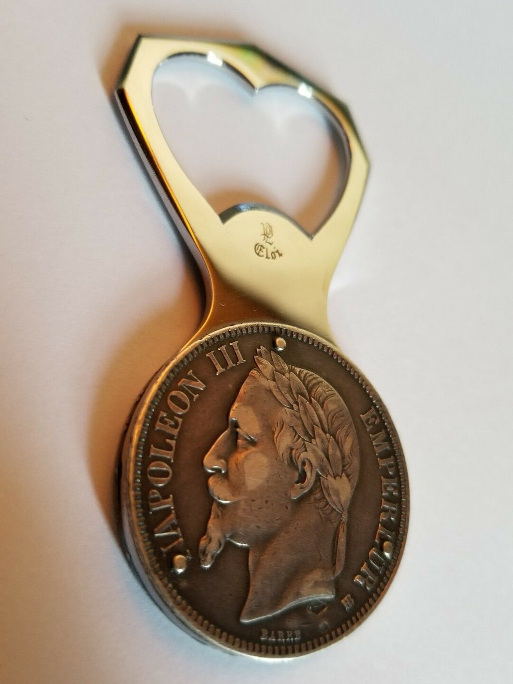 VINTAGE ELOI PERNET FRANCE 5 FRANCS 1868 NAPOLÉON III SILVER COIN BOTTLE OPENER
