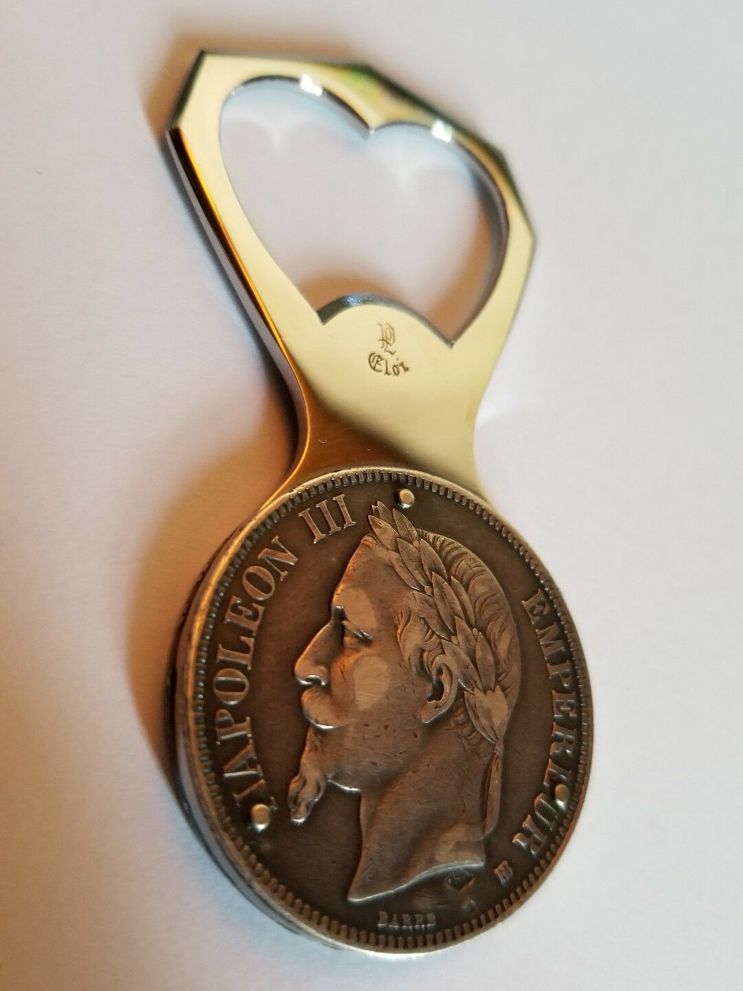 VINTAGE ELOI PERNET FRANCE 5 FRANCS 1868 NAPOLÉON III SILVER COIN BOTTLE OPENER