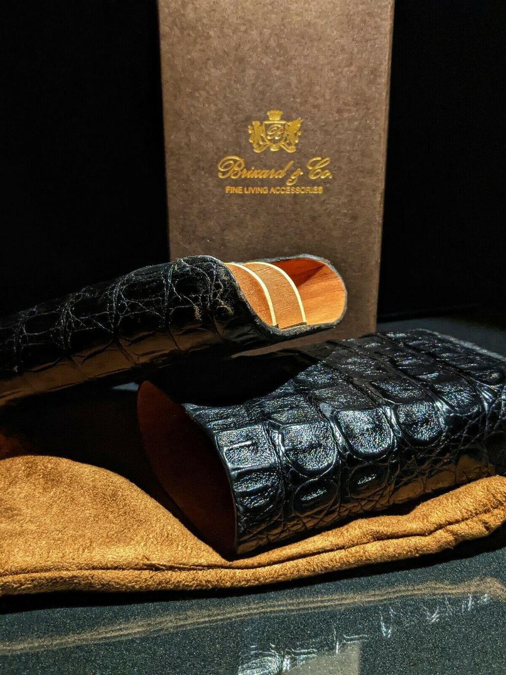 Brizard & Co. | The "Show Band" 3 Cigar Case - Black Caiman Crocodile