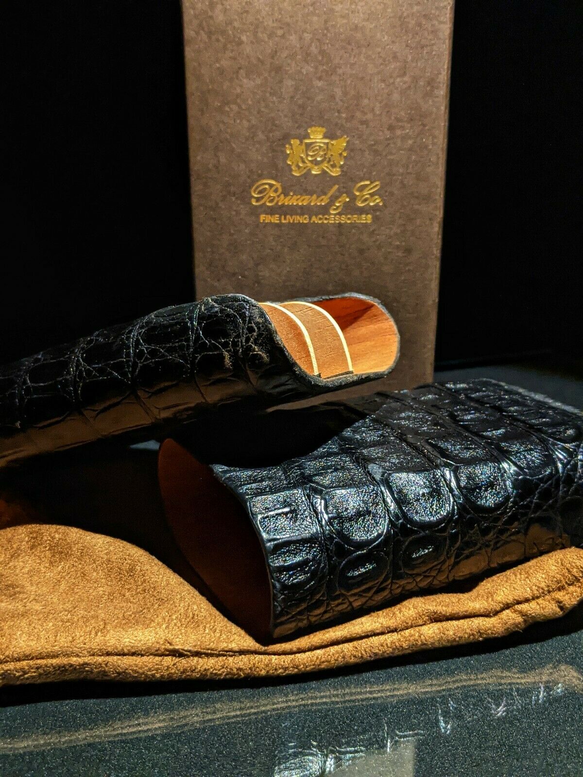 Brizard & Co. | The "Show Band" 3 Cigar Case - Black Caiman Crocodile